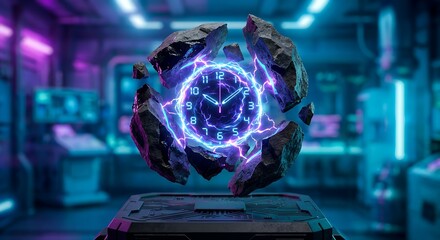 Futuristic stone clock shattered by electric lightning abstract time concept