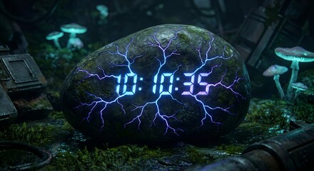 Neon digital clock embedded in a cracked stone in dark jungle