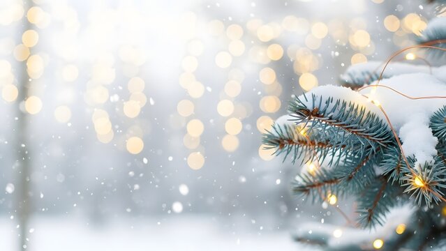 Closeup of a snowcovered blue spruce branch decorated with warm fairy lights against a soft, snowy bokeh background, perfect for winter holiday and christmas themes - Powered by Adobe