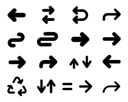 Arrow icon set with directional styles including curved, looped, recycling, and navigation symbols for user interface, signage, and graphic design