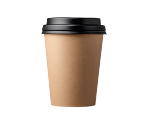 Brown paper coffee cup with black lid for takeaway isolated on transparent background