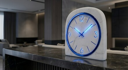 Marble tabletop clock with neon blue light in luxury home interior