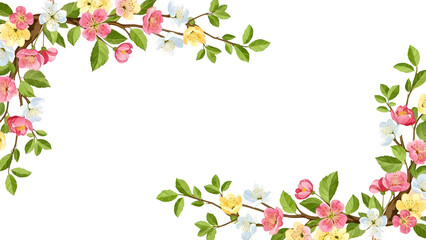 Beautiful spring floral corner frame with pink, yellow, and white blossoms and green leaves on a white background, perfect for invitations or greetings.