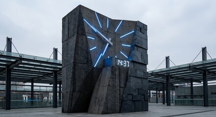 Monumental stone clock sculpture with neon hands and digital display