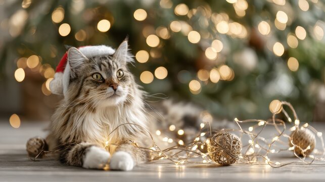A fluffy cat in a Santa hat lounges among glowing fairy lights. Festive bokeh and warm holiday decor create a cozy Christmas atmosphere. - Powered by Adobe