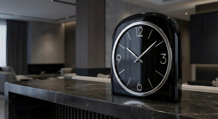 Modern minimalist black tabletop clock in luxury apartment interior design