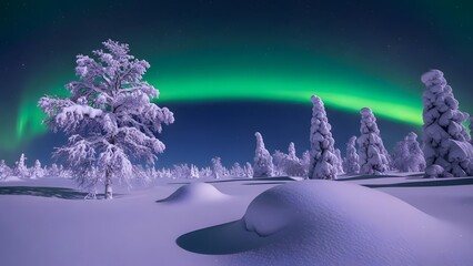 Stunning aurora borealis over snowcovered winter landscape with frosted pine trees under a dark blue night sky, creating a magical, ethereal scene in the arctic wilderness