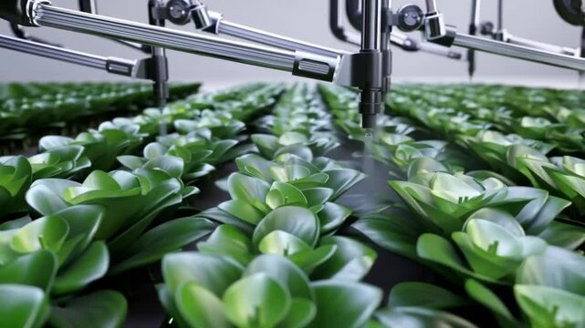 A futuristic automated orchard environment, robotic irrigation arms misting rows of symmetrically shaped artificial plants