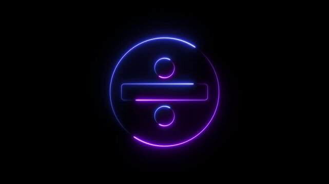 Neon division icon animation. Glowing mathematics calculating sign symbol motion. representing digital math icon 4k video footage.