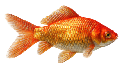 Vibrant orange freshwater goldfish with shimmering scales and flowing fins isolated on transparent background