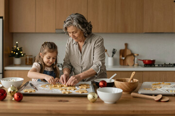 Grandmother and granddaughter baking christmas cookies together in the kistchen 