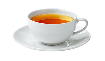 White teacup filled with amber tea on a matching saucer isolated on transparent background