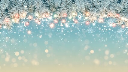 Frosty fir branches with glowing string lights and falling snow creating a magical winter holiday border or frame against a soft blue and beige gradient background