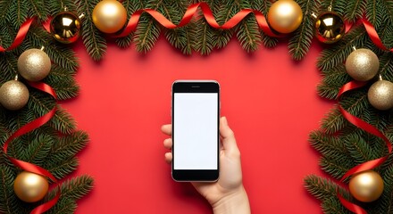Hand holding modern smartphone with blank screen on red background with Christmas decor. Holiday shopping and seasonal advertisement concept.