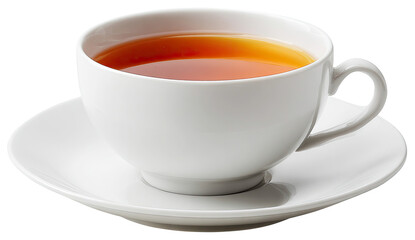 White teacup filled with hot amber tea on a matching saucer isolated on transparent background