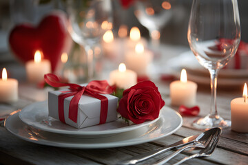 Valentine's day romantic dinner with red gift and red rose flower on gray background. Top view. Copy space.