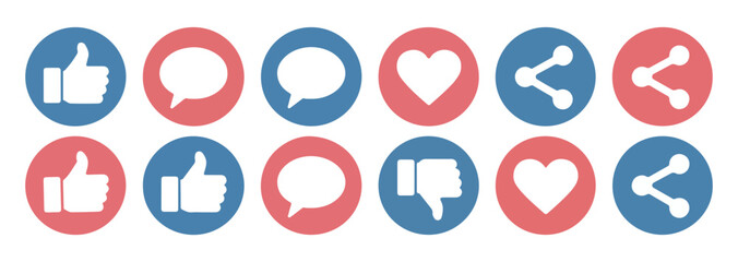Fototapeta premium Icon set for social media featuring thumb up, speech bubble, heart, and share symbols for engagement