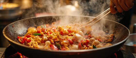 A boiling wok with appetising pieces of meat, vegetables and spices captures the process of cooking a dish, which is ideal for a culinary blog as an atmospheric background.