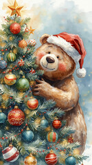 AI image of a whimsically festive bear donning a Santa cap and adorning a Christmas tree painted in delicate watercolors