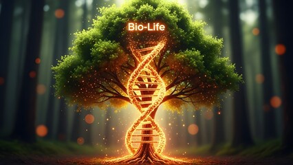 Glowing DNA helix shaped like a tree representing the building blocks of life