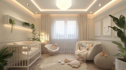 A bright children's room with cosy furniture and toys on the floor creates an atmosphere of warmth and care, ideal for creating the main background in advertising furniture for newborns.