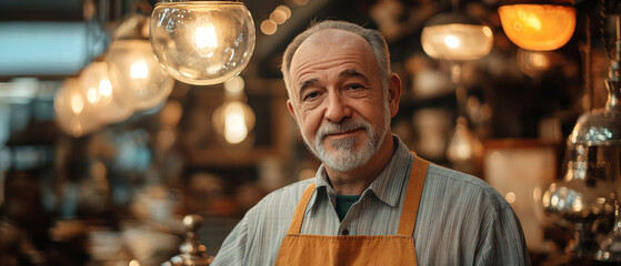 A smiling craftsman in a pharmacy with warm lighting emphasises the importance of traditions and craftsmanship, ideal as a backdrop for social projects.
