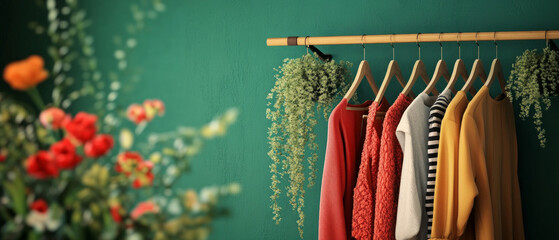 Bright items on a wooden hanger surrounded by greenery and flowers convey the harmony of nature and fashion, which is ideal for an atmospheric backdrop in articles about interior design.