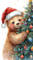 AI image of a whimsically festive bear donning a Santa cap and adorning a Christmas tree painted in delicate watercolors