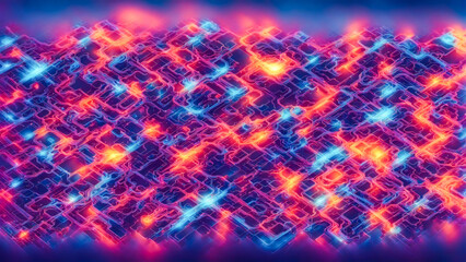 Glowing abstract circuit network with vibrant neon blue and orange data paths, forming a futuristic digital grid. Ideal for technology, AI, cybersecurity, and modern tech backgrounds.