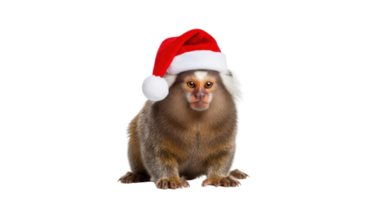 Cute Marmoset Monkey Wearing Red Santa Hat Looking at Camera isolated PNG with Transparent Background