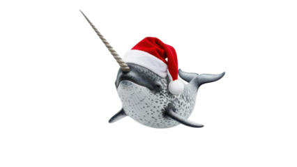 Cute Narwhal wearing a Red Santa Hat for Christmas Holiday isolated PNG with Transparent Background