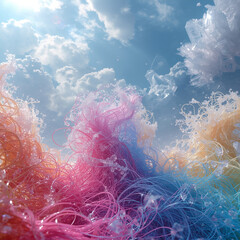 AI image of a waves composed of vibrant swirling strings color crash against a sky