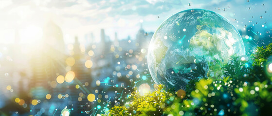 The earth, surrounded by a network of glowing particles and green plants, symbolises global environmental challenges — it is a fitting conceptual backdrop for discussions on climate change 