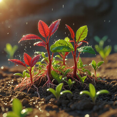 AI image of an ancient grain variety micro view with red and green leaves