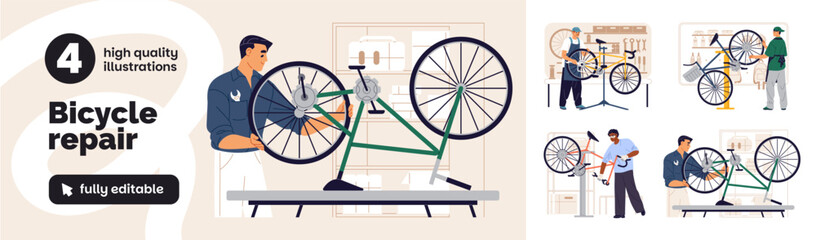 Bicycle fixing service set. Technicians repair wheels or chain of broken bikes. Repairmen work in workshop. Technical maintenance workers. Flat isolated vector illustrations on white background