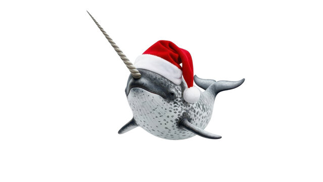 Cute Narwhal wearing a Red Santa Hat for Christmas Holiday isolated PNG with Transparent Background