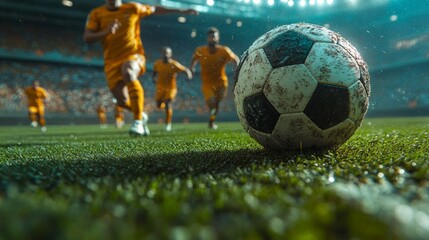 A football on a green field and blurred players convey the dynamics of a sports match, serving as a backdrop for advertising sporting events.