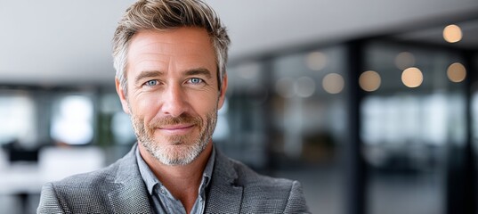 Confident executive exudes positive leadership aura in a modern and dynamic workspace environment.