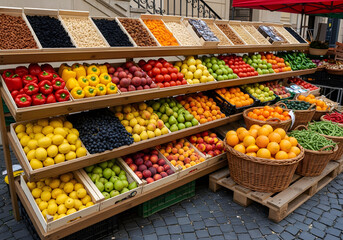 Abundant outdoor fruit and vegetable market display