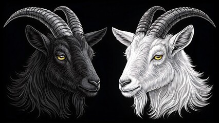 Black and white goats facing each other detailed engraving style illustration