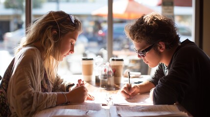 Two young people study together at a cafe in the afternoon