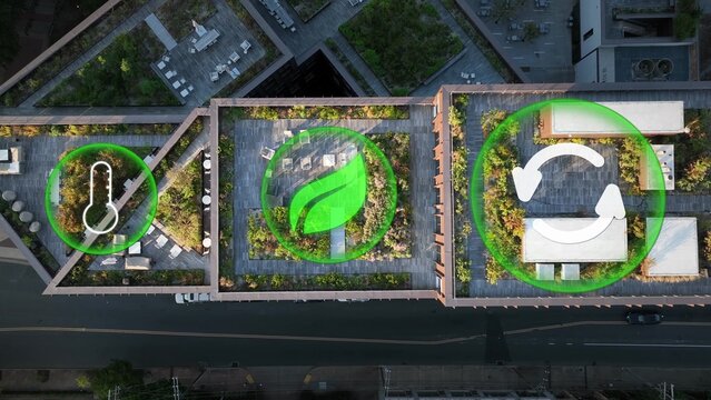 Aerial of garden rooftop in an urban city showing sustainable architecture and eco-friendly modern development. Added Graphic represent greenery and self-sufficient