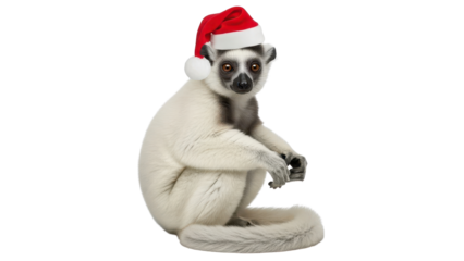 Cute Sifaka Lemur Wearing Red Santa Hat for Christmas Holiday isolated PNG with Transparent Background