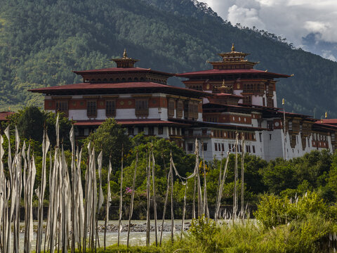 Aerial view of the majestic Punakha Dzong, a fortress bathed in warm light, stands proudly against a backdrop of verdant hills, Punakha, Bhutan.
