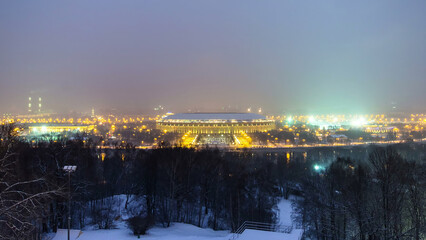 Panoramic view of Moscow City, Russia, from Sparrow Hills day to night winter timelapse