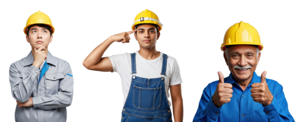 Diverse group of male construction workers and engineers in yellow hard hats expressing thought, intelligence, and approval.