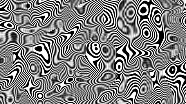 Swirling trippy lines animation visual effects with hypnotic psychedelic vibrant motion graphics flowing radiant shapes and shifting patterns creating an immersive illusion scene colour white grey