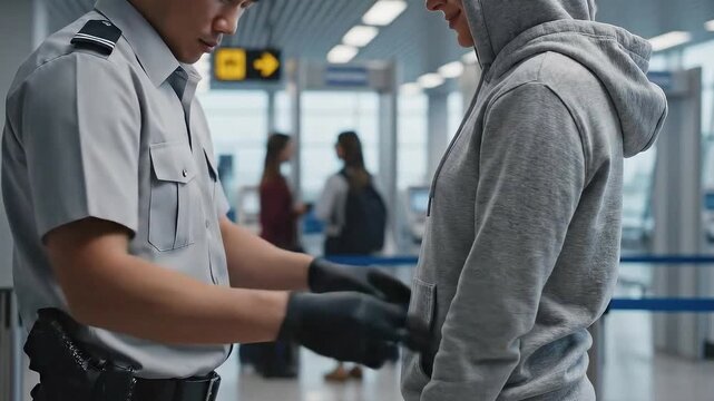 Security Officer Conducts Pat Down Search On Traveler Wearing Grey Hoodie At Airport Security Checkpoint With Blurred Passengers And Luggage In