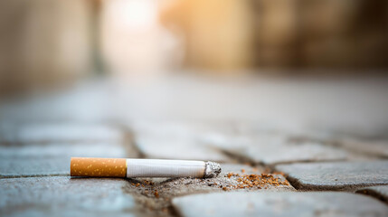Lit cigarette on street floor with ashes macro view, quit smoking World No Tobacco Day concept, urban smoking aftermath, pavement tobacco waste, street littering visualization, wit