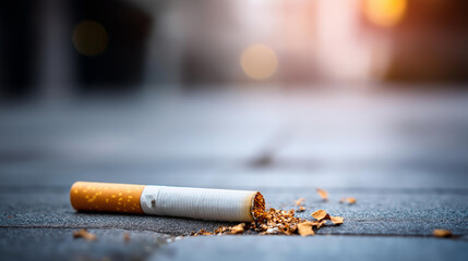 Lit cigarette on street floor with ashes macro view, quit smoking World No Tobacco Day concept, urban smoking aftermath, pavement tobacco waste, street littering visualization, wit